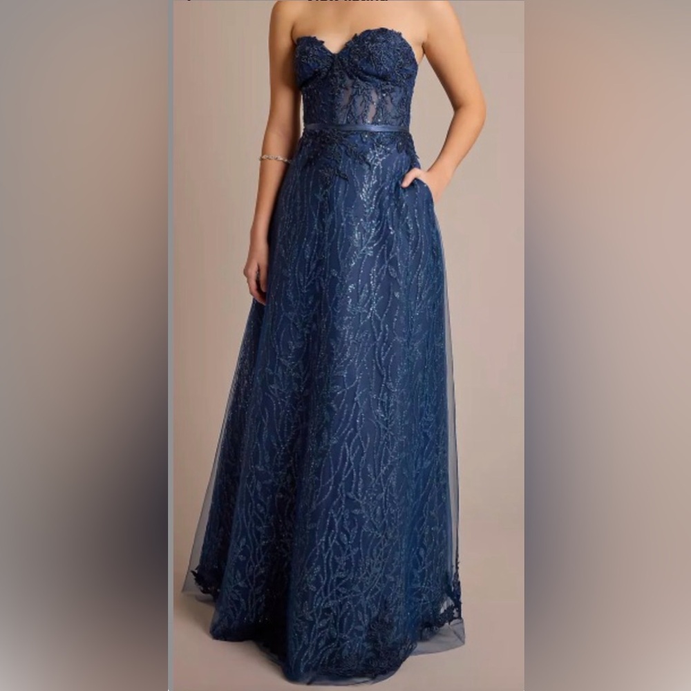 Strapless Navy Lace Evening Dress